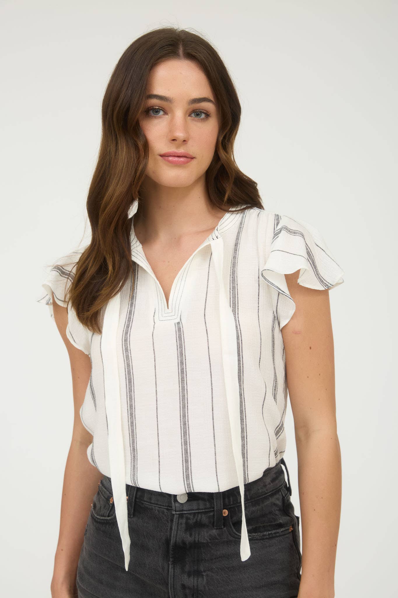 Tie Neck Black and White Stripe Ruffled Sleeves Top