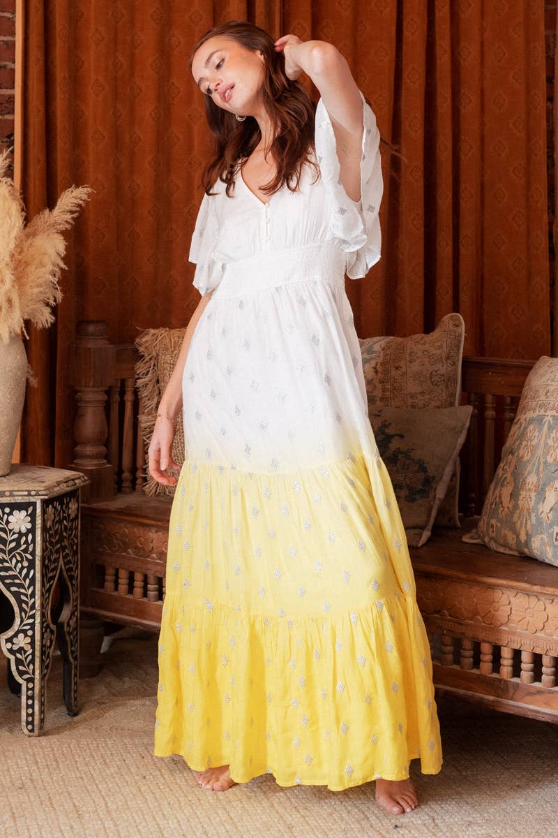Flutter Sleeve White and Yellow Dip Dye Maxi Dress