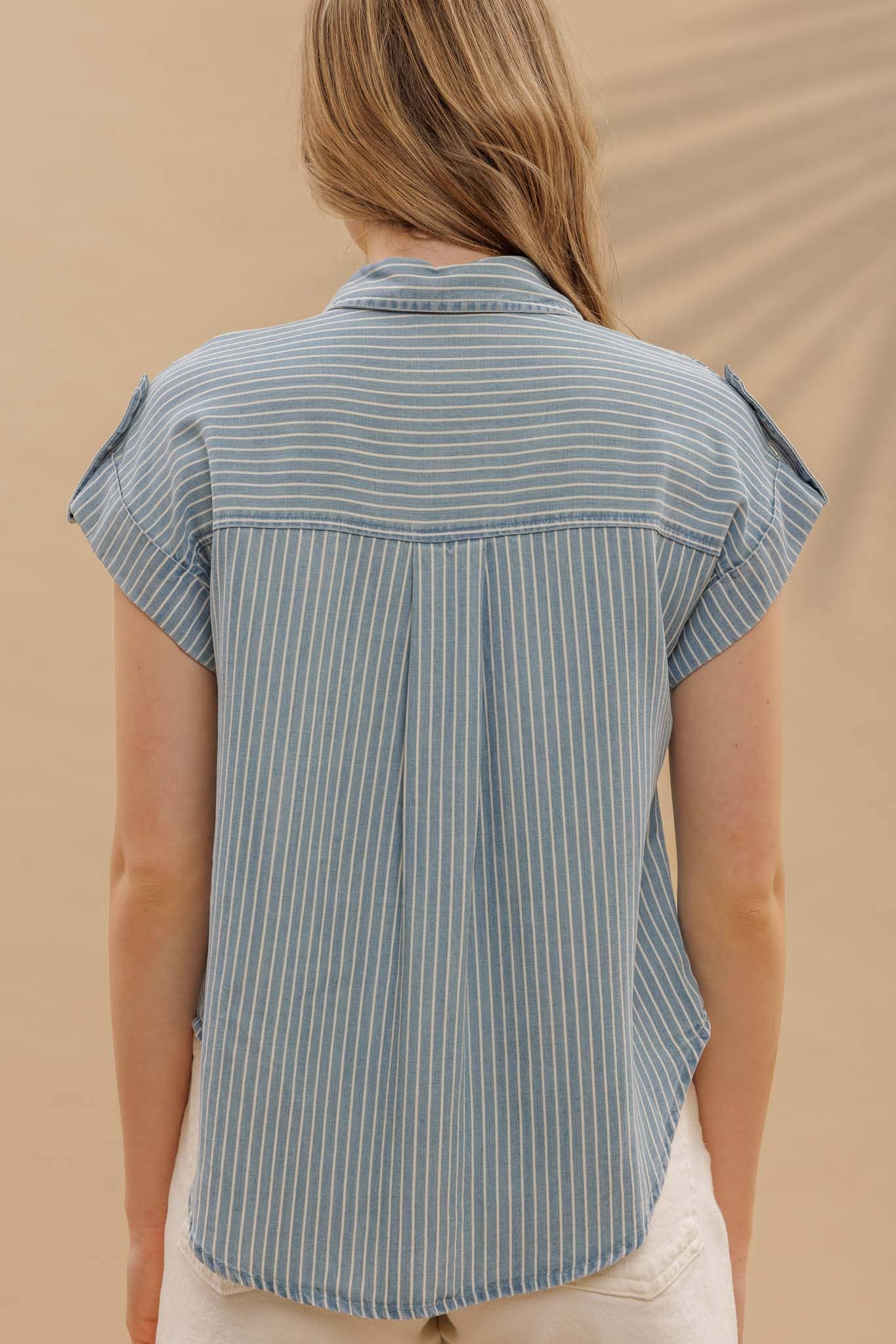 Striped Button Down Tab Sleeve Blouse
