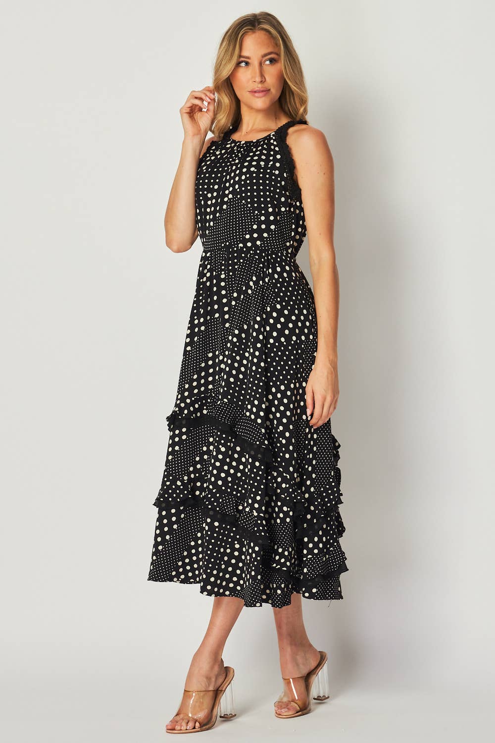 Polka Dot Sleeveless Tiered Midi Dress