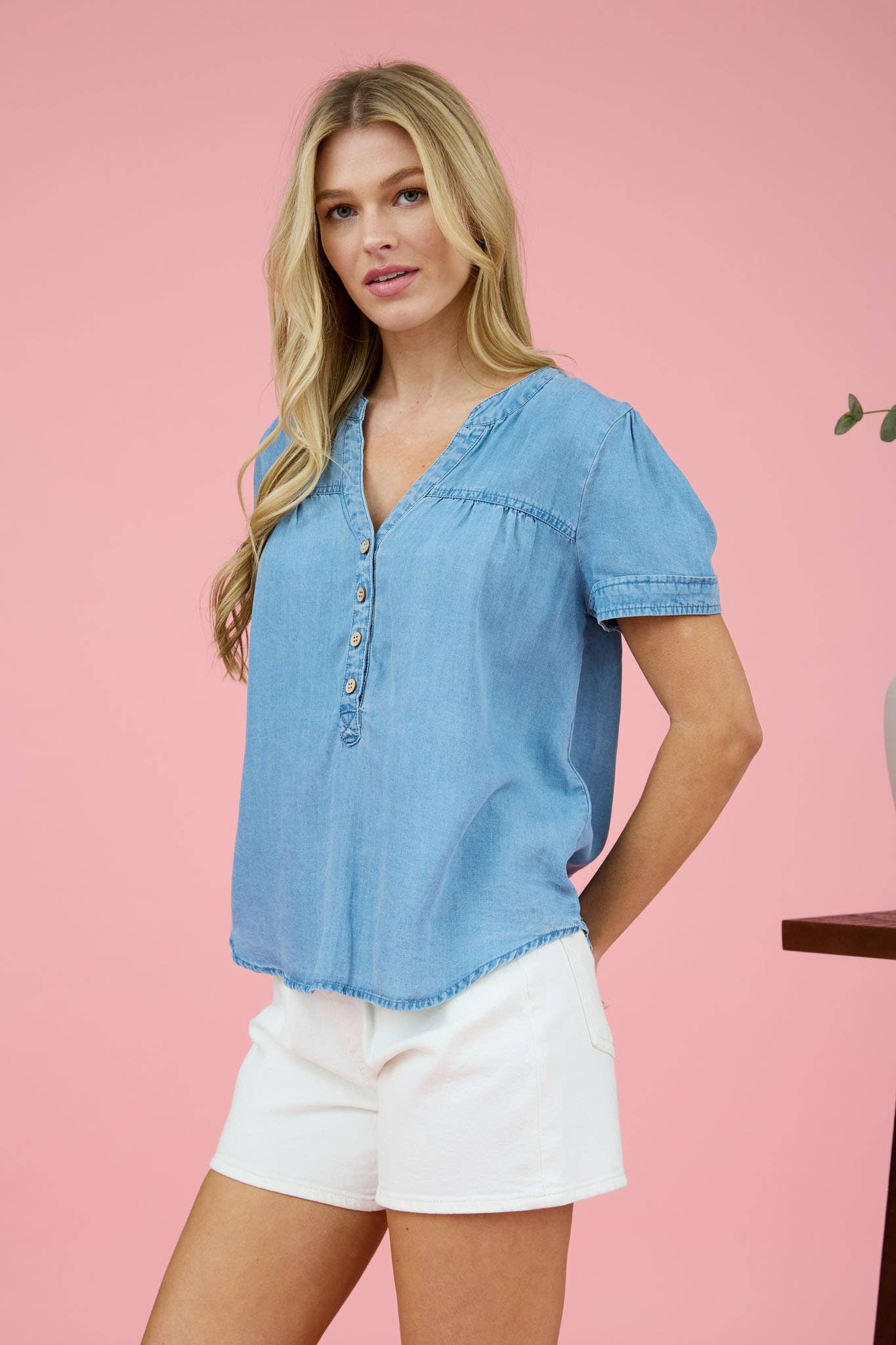 Half Button Comfy Denim Top