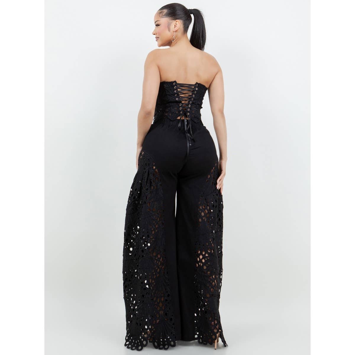 Black Lace Corset and Wide Leg Pants Set