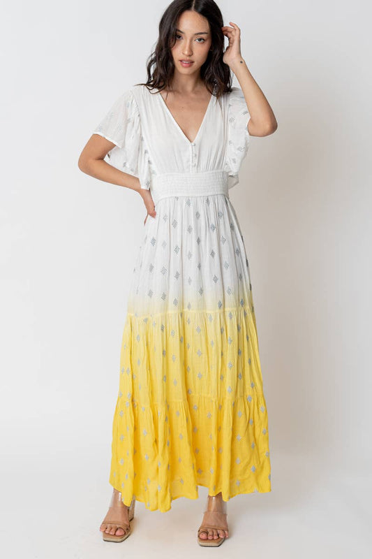 Flutter Sleeve White and Yellow Dip Dye Maxi Dress