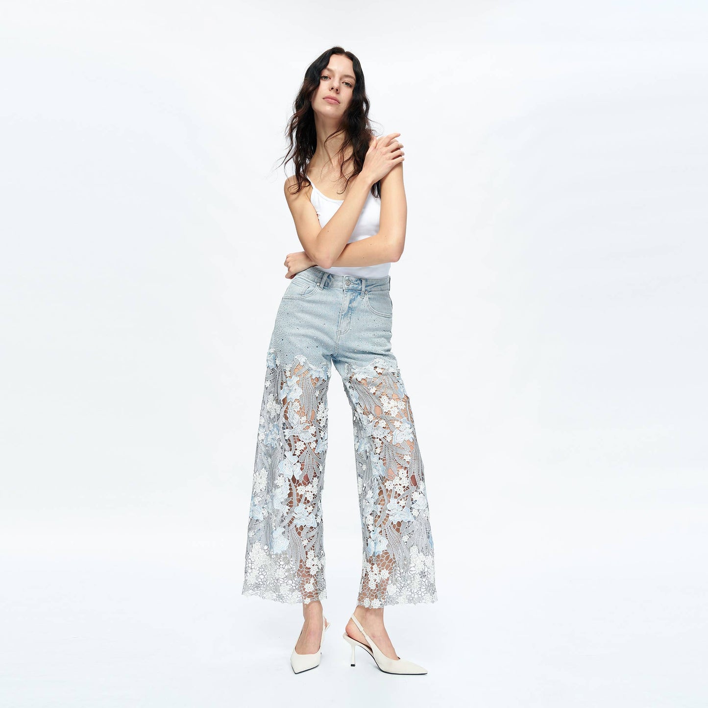 High Rise Lace Embroidered Wide Leg Jeans
