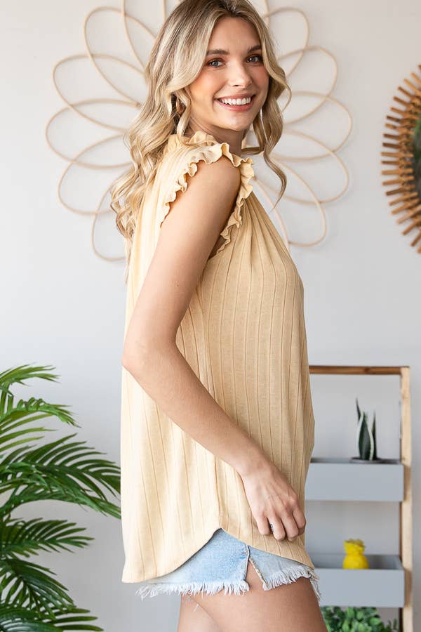Solid Rib Shirred Neck Ruffle Cap Sleeve Top