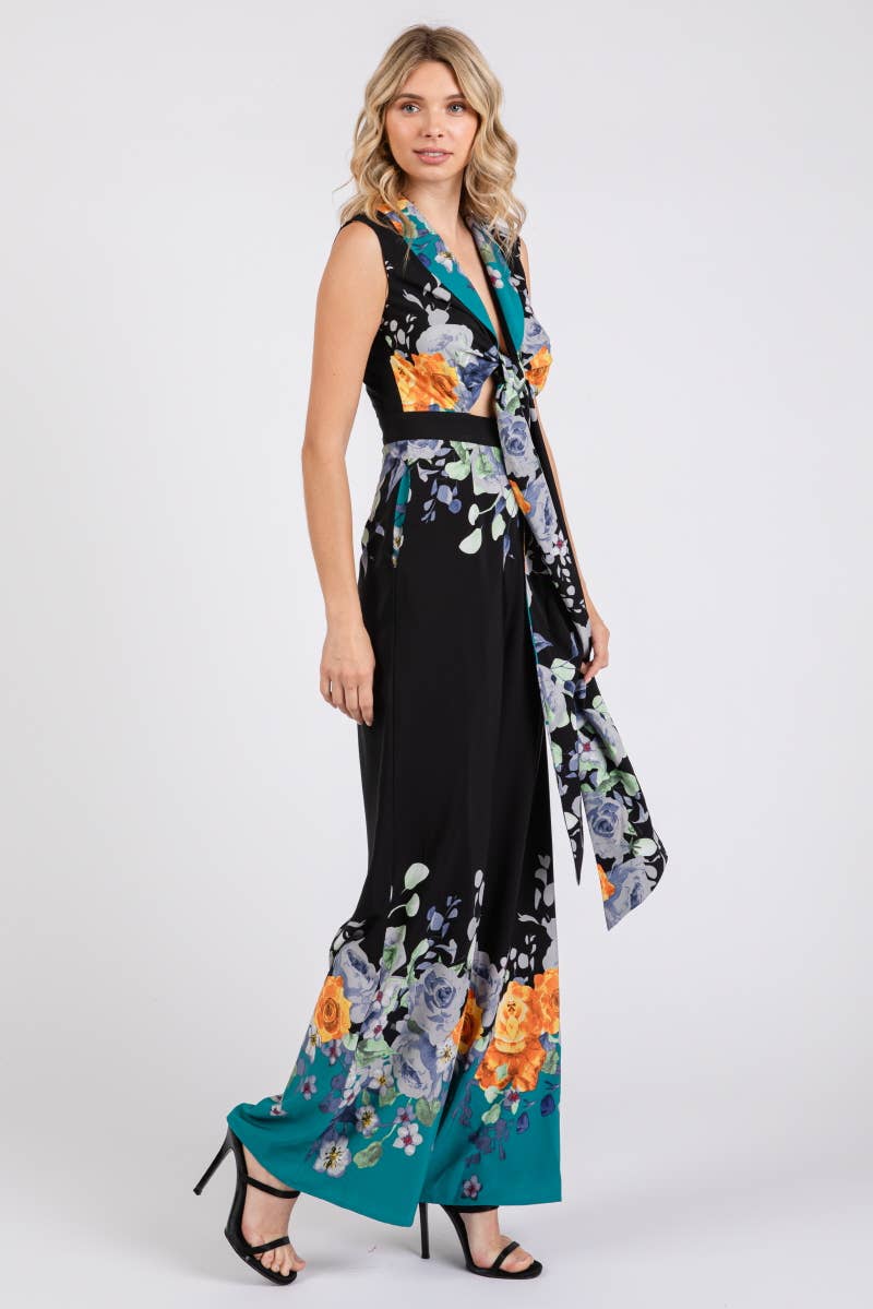 Black and Teal with Floral Print Tie Front Jumpsuit