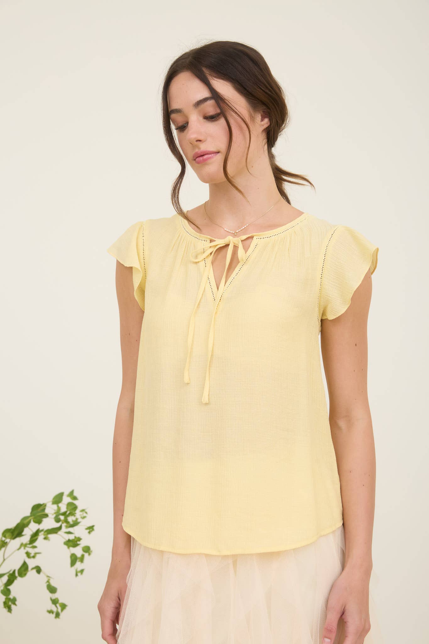 Light Yellow Lace Trim Tie Front Top