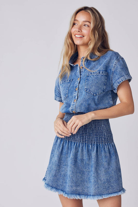 Button Front Smock Wait Denim Mini Dress