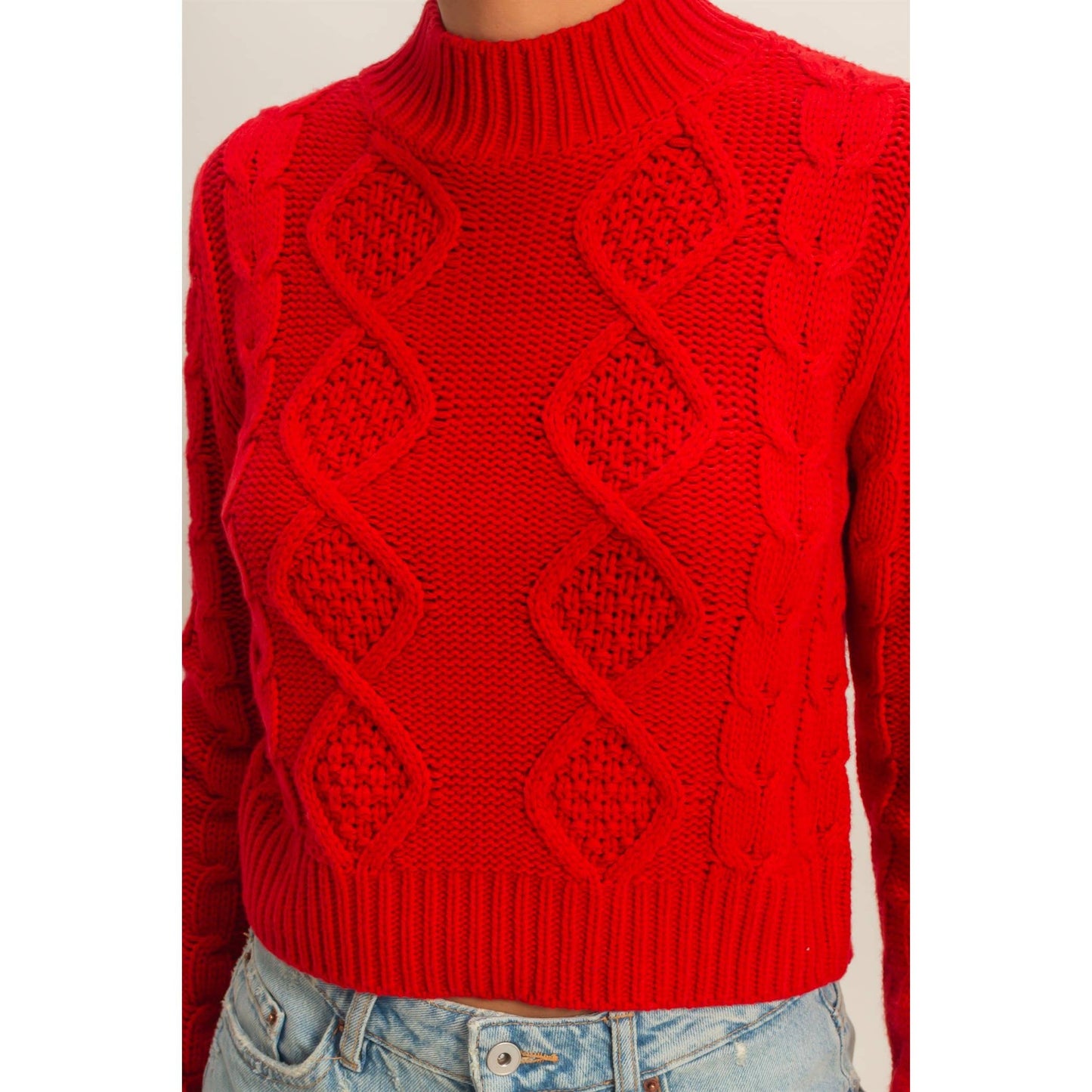 Textured Cable-Knit High Neck Sweater