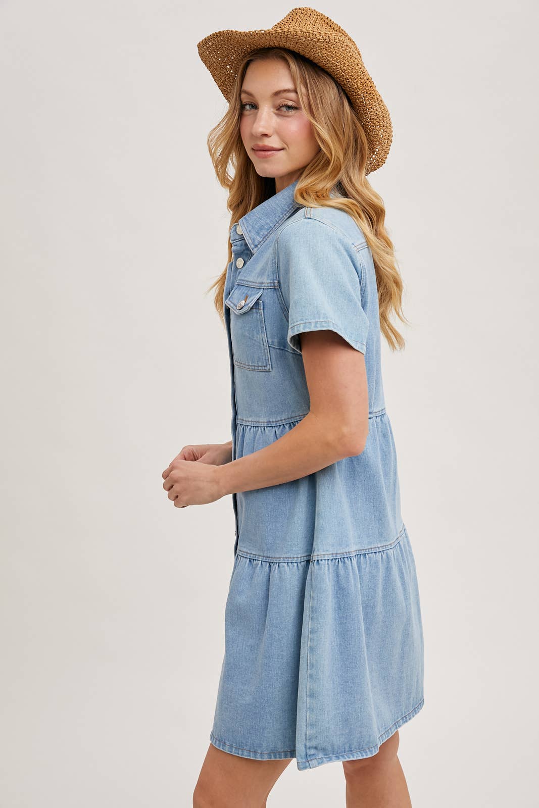 Denim Tiered Button Front Shirt Dress