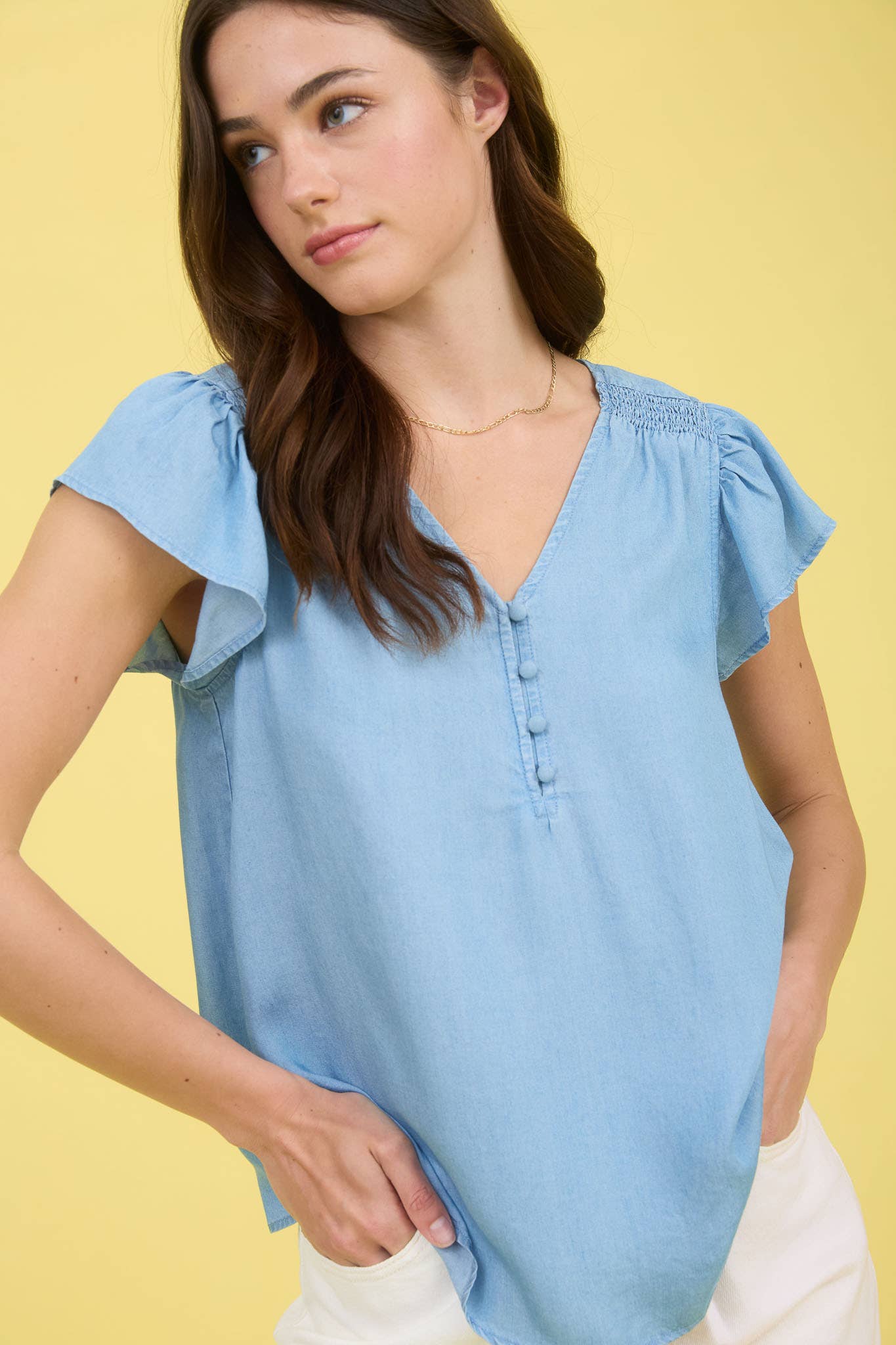 V-Neck Button Front Denim Top