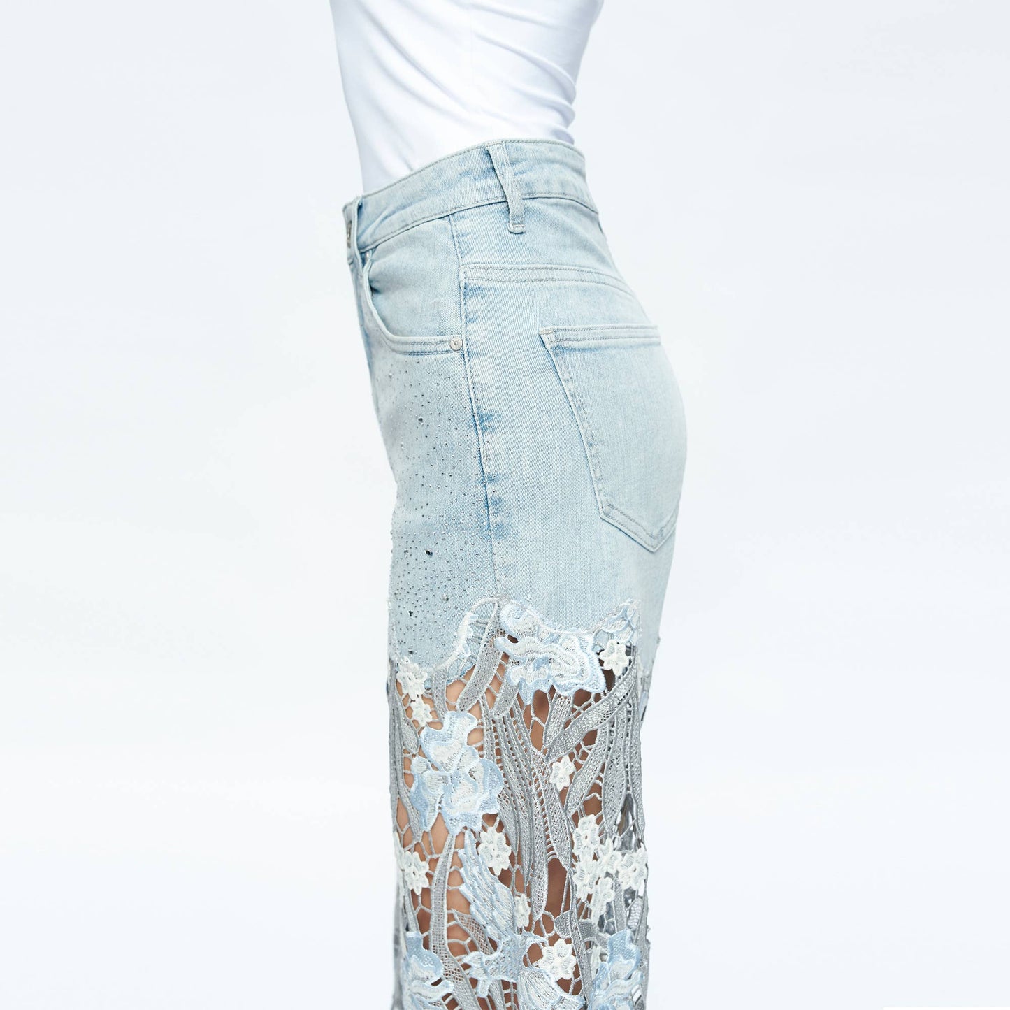 High Rise Lace Embroidered Wide Leg Jeans