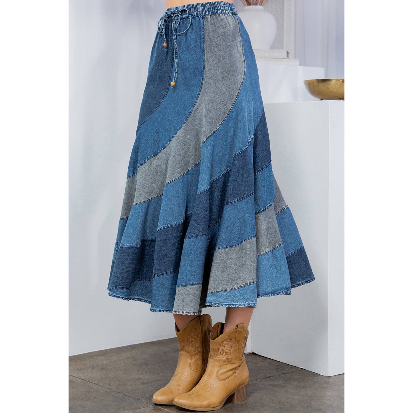 Mid-Length Denim Skirt With Asymmetrical Bias Panels