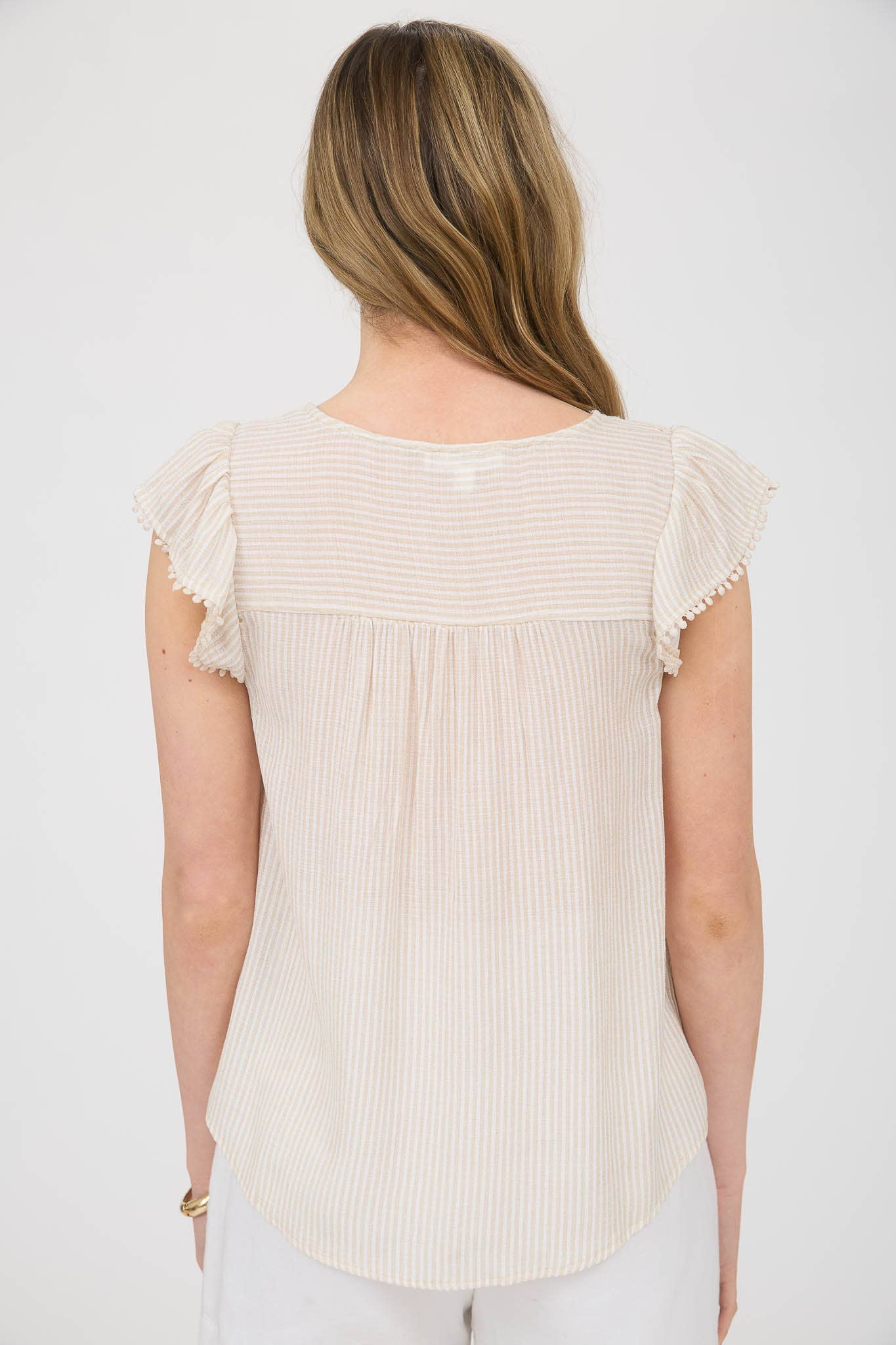 Beige Tie Neck Striped Lace Trim Top