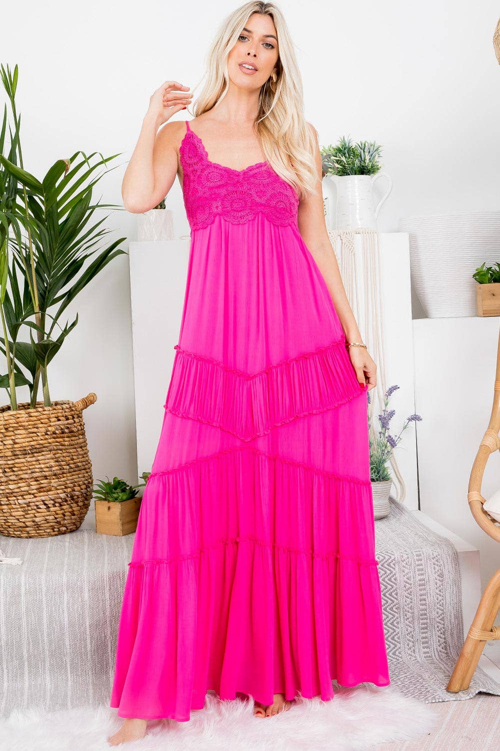 Pink Crochet Details Maxi Dress.