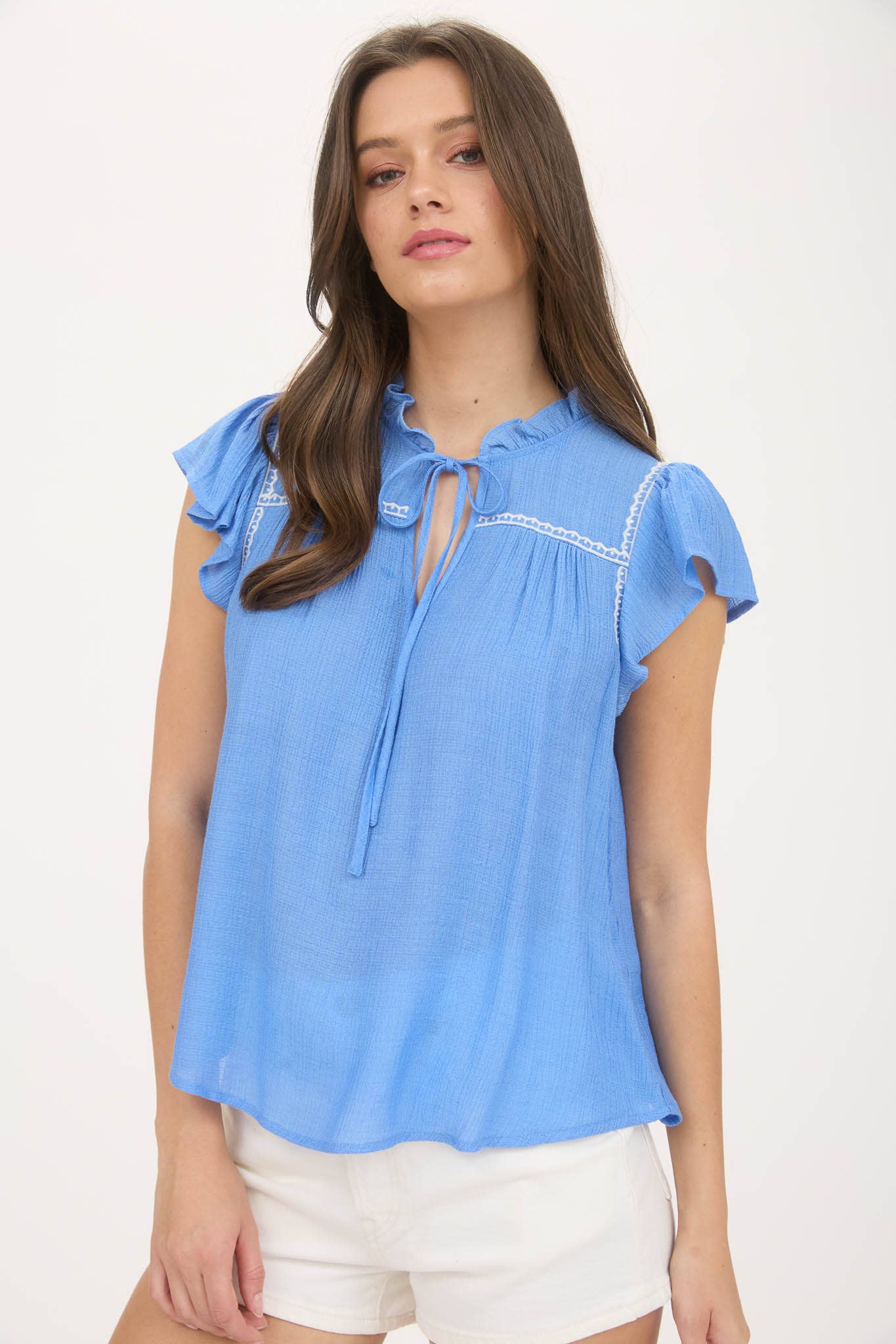 Embroidery Details Tie Front Blouse