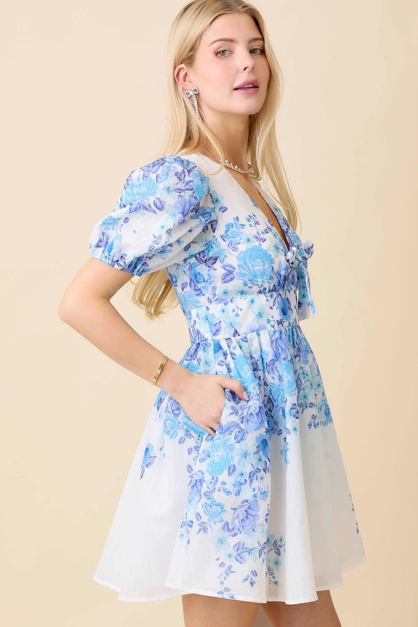 Blue and White Puff Sleeve Floral Print Mini Dress