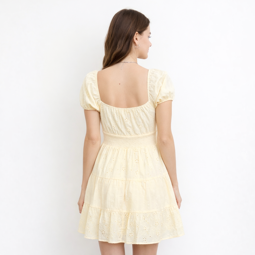 Soft Yellow Eyelet Puff Sleeve Mini Dress