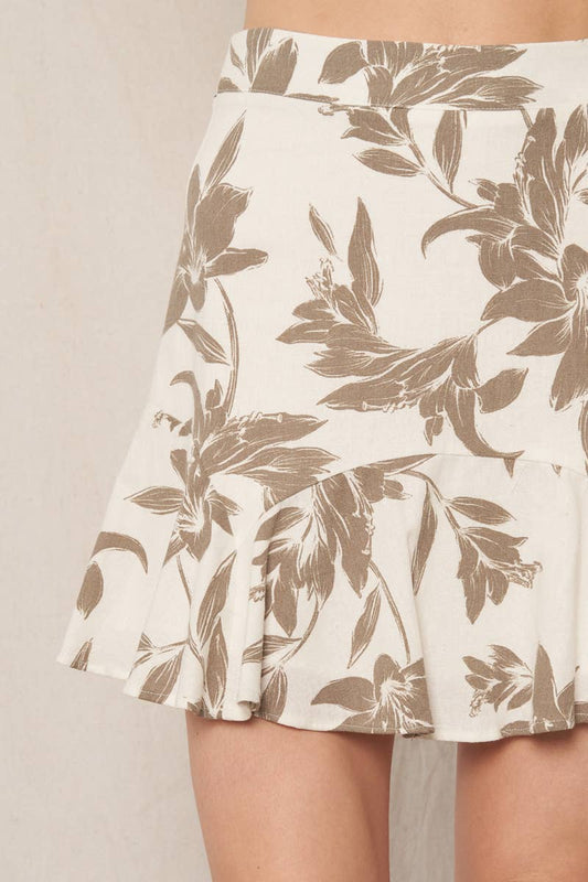 Ivory and Olive Printed Ruffle Mini Skirt