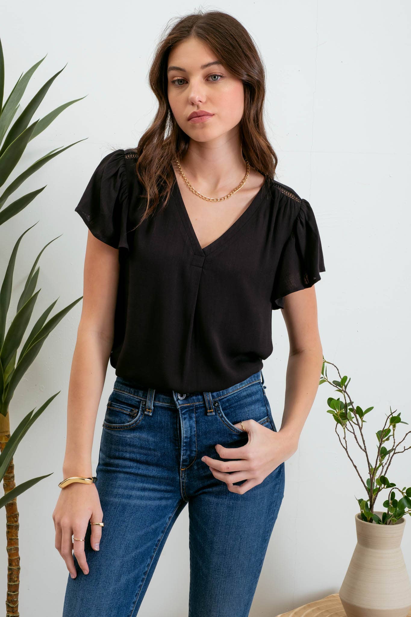 Black V- Neck Ruffled Sleeves Top