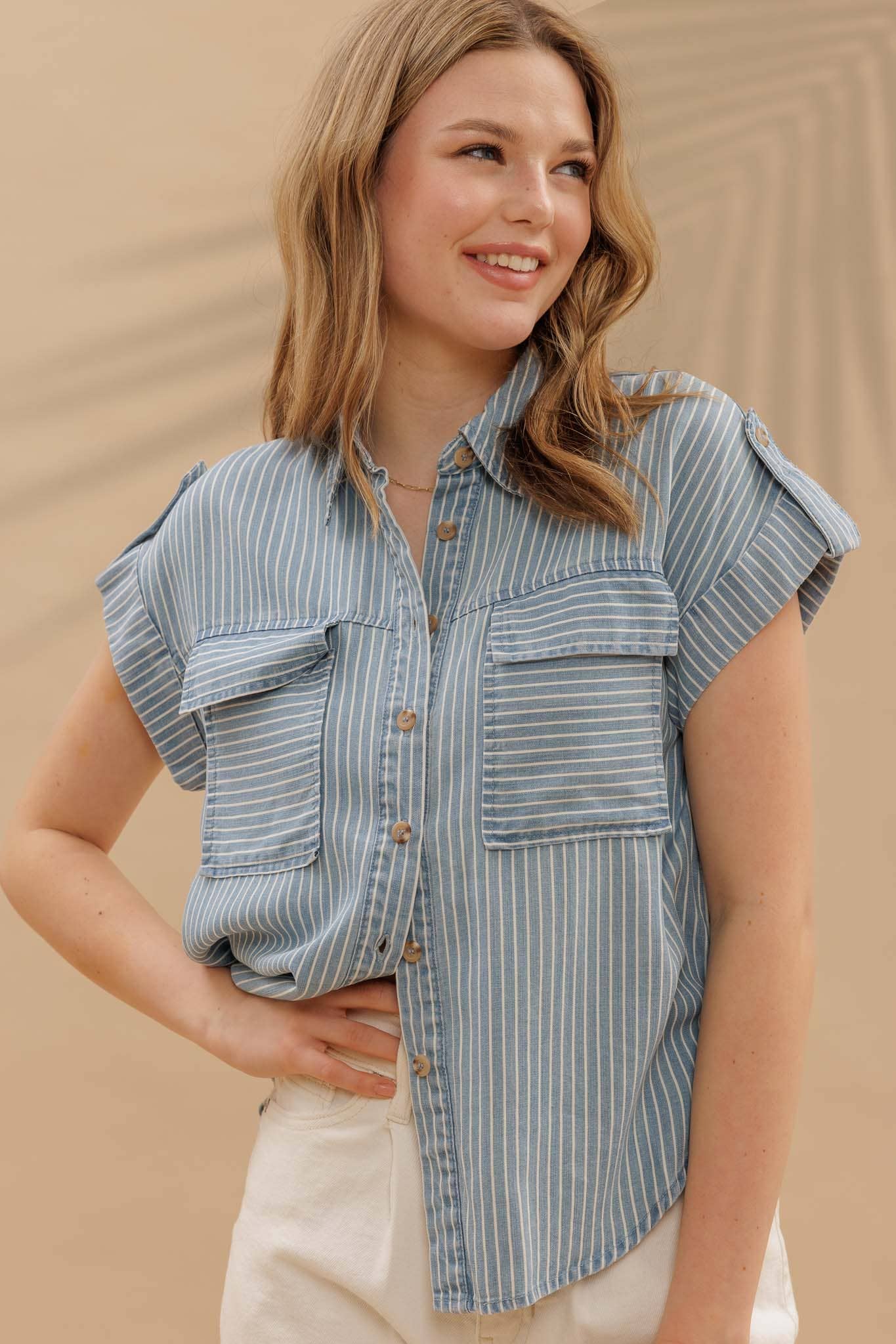 Striped Button Down Tab Sleeve Blouse