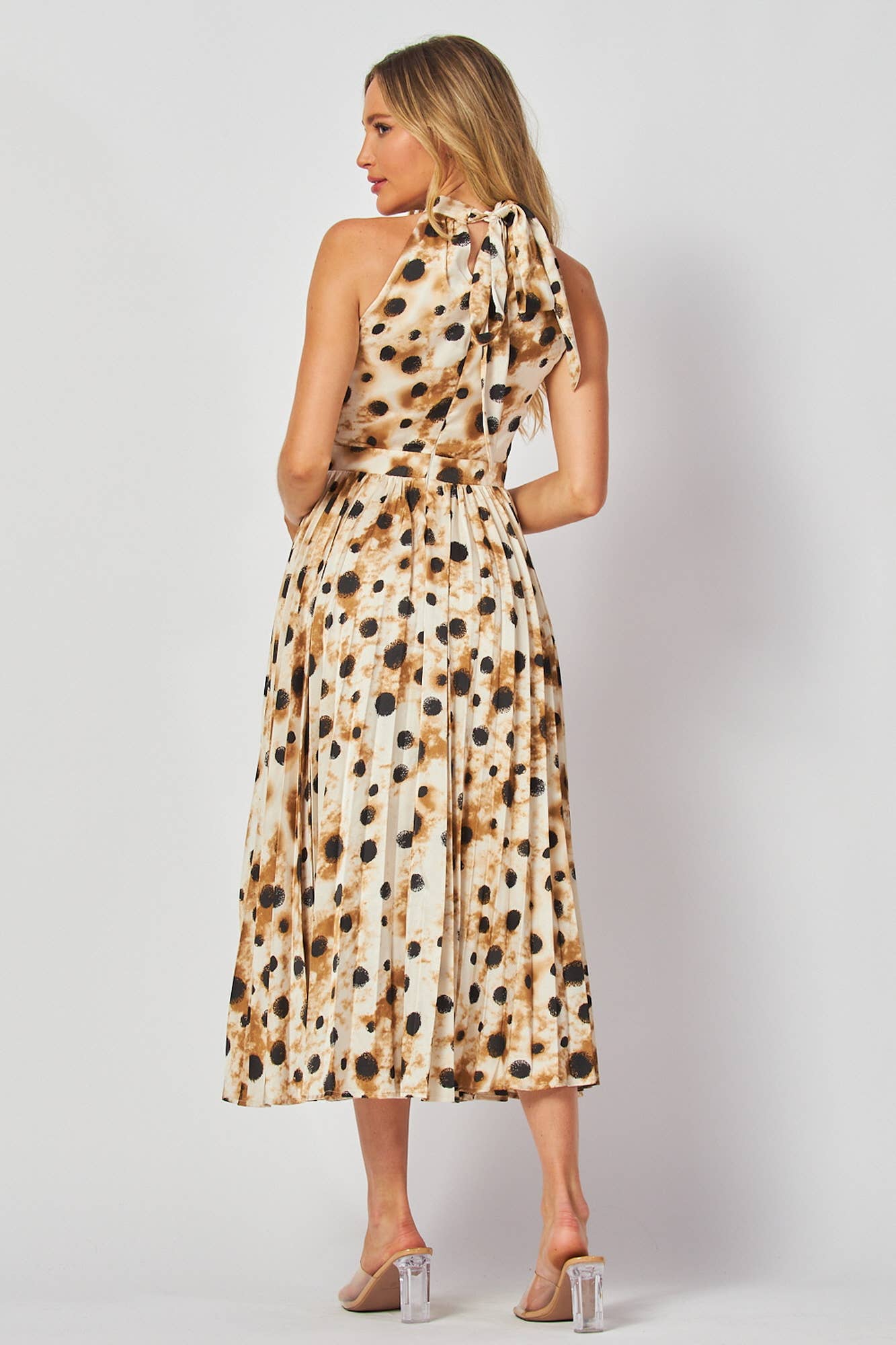Dots Print Sleeveless Choker Neck Midi Cocktail Dress