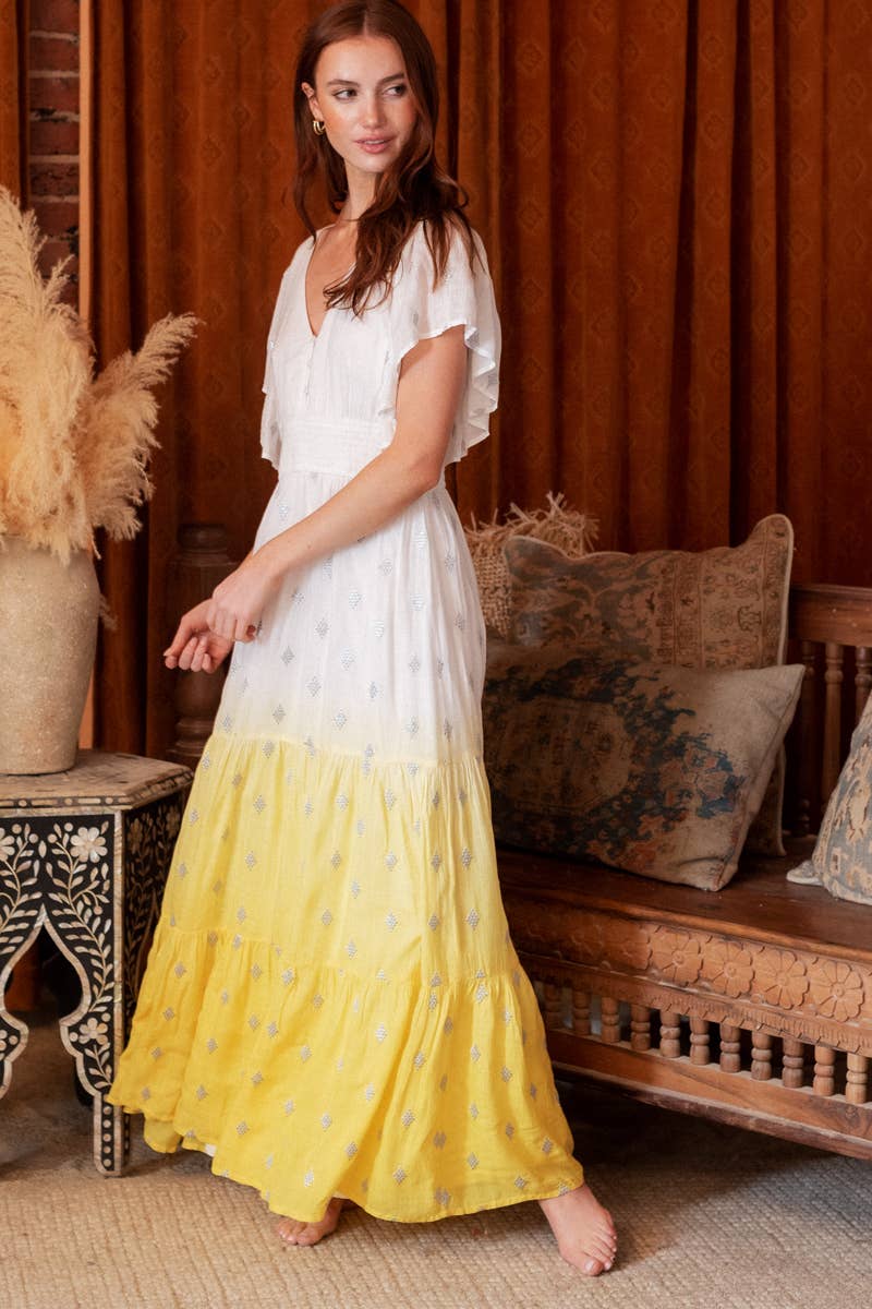 Flutter Sleeve White and Yellow Dip Dye Maxi Dress