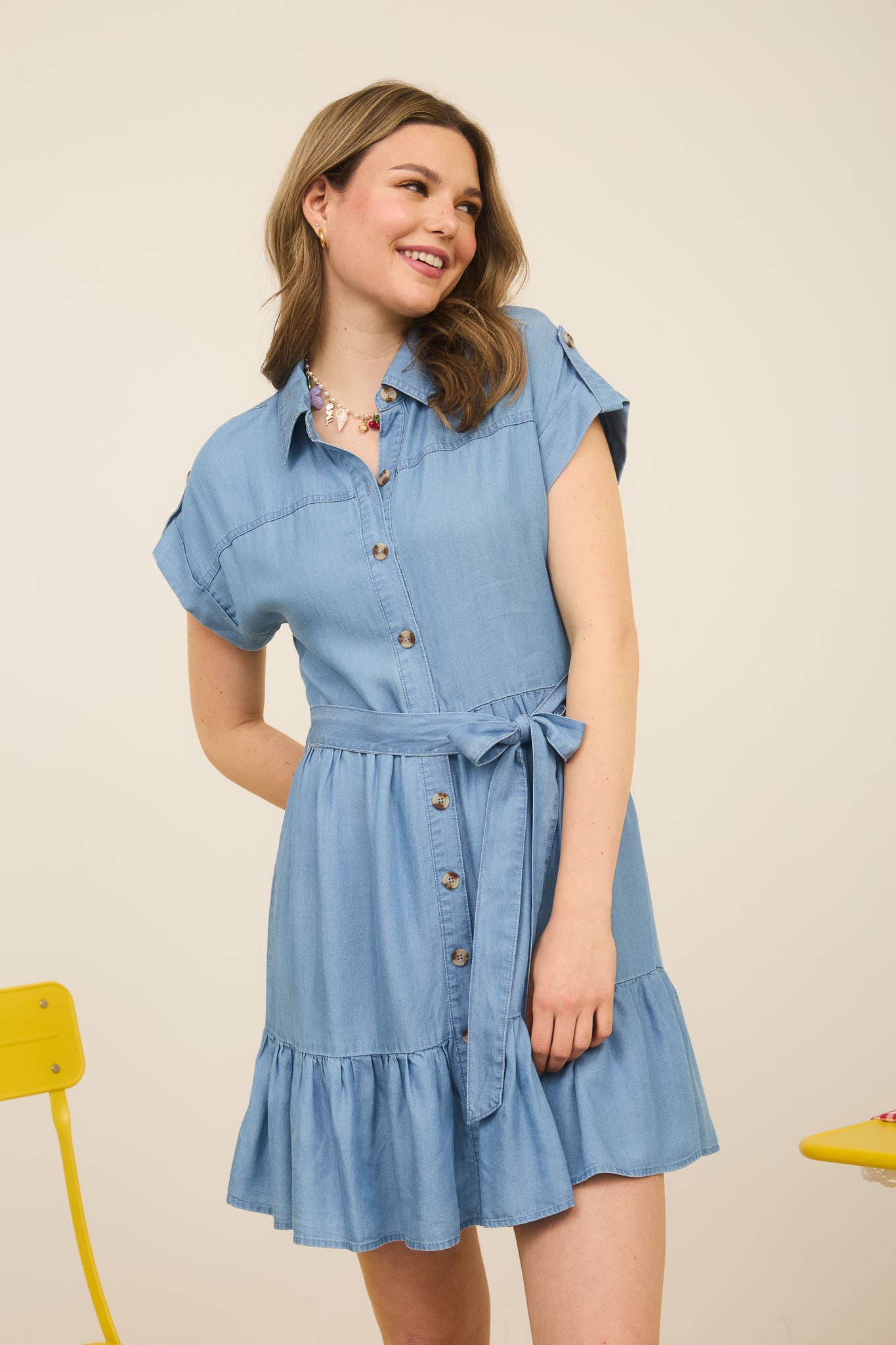Ruffled Hem Belted Soft Denim Dress