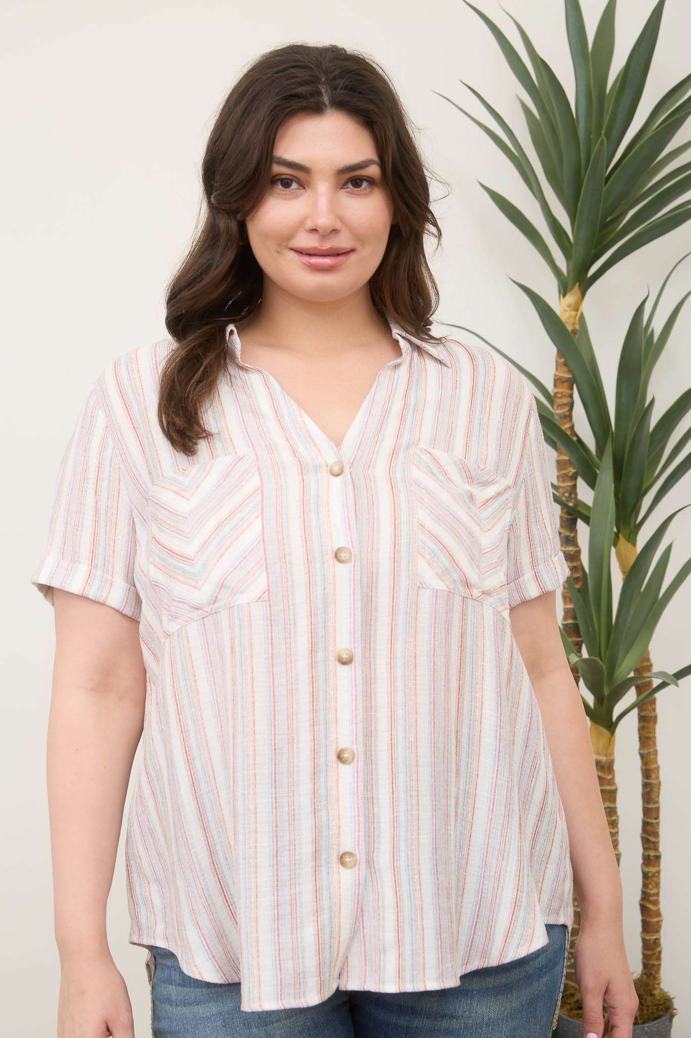 Comfy Stripe Button Down Collared Top