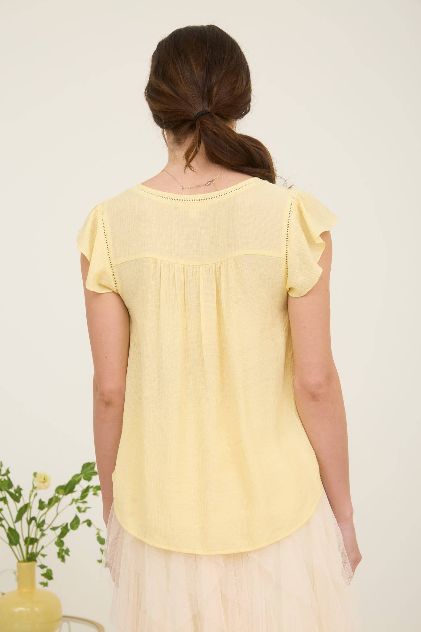 Light Yellow Lace Trim Tie Front Top