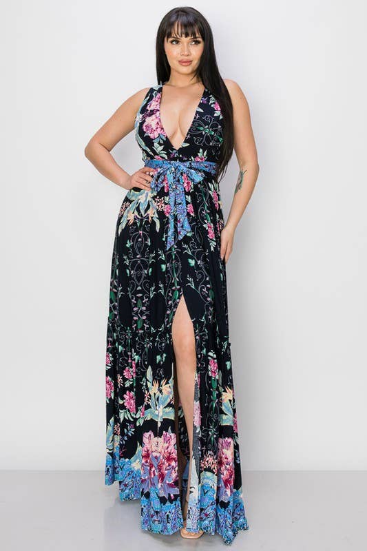 Black Floral Print V Neck Tie Waist Maxi Dress