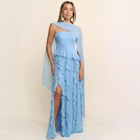 Blue Ruffle Chiffon Maxi Dress