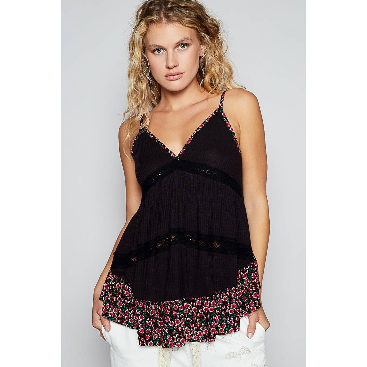 V-neck Sleeveless Black with Floral Print Contrast Tunic Top