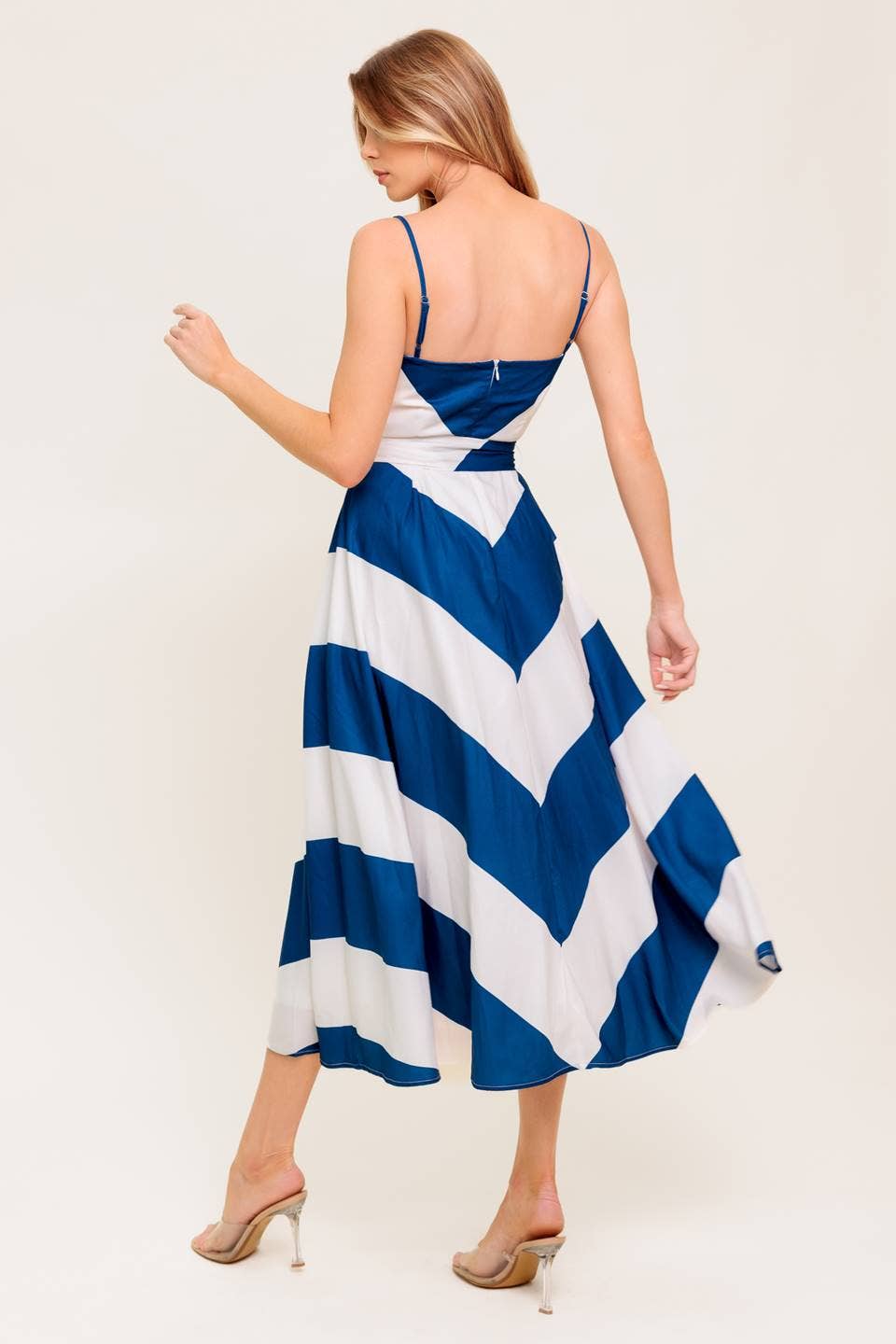 Blue and White Chevron Print Satin Midi Dress