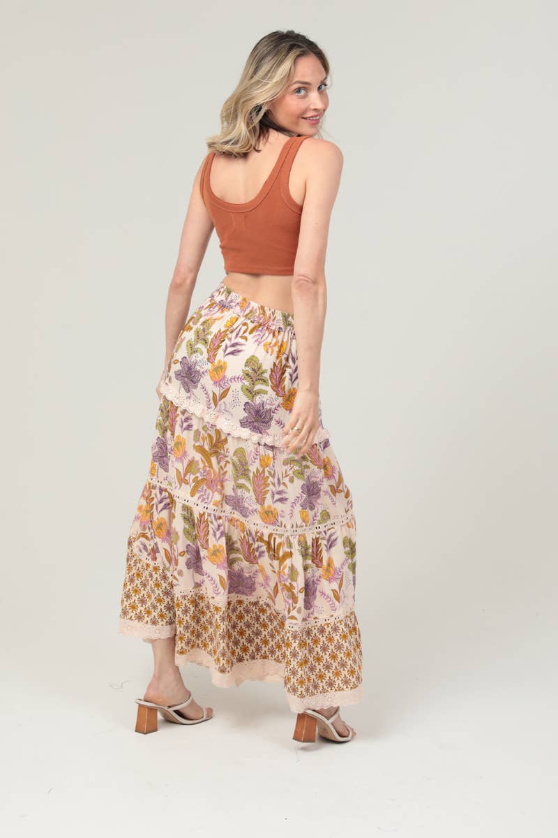 Tiered Side Slit Lace Trim Maxi Skirt