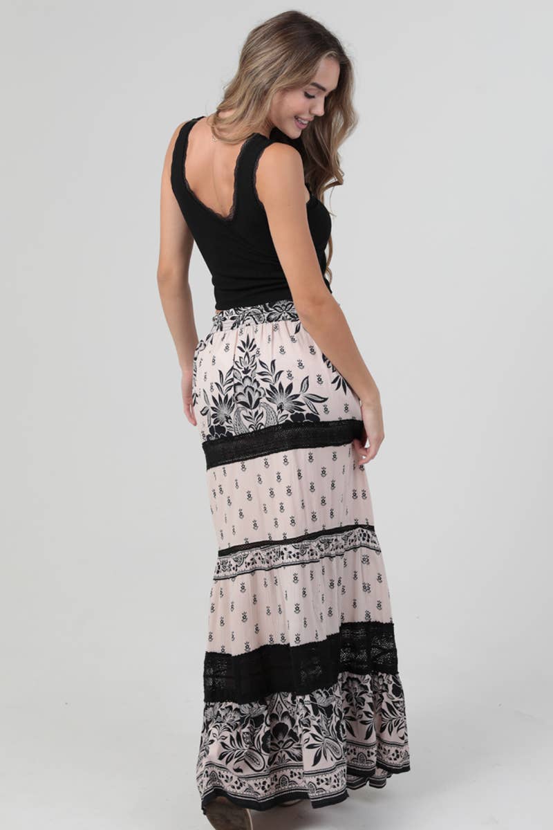 Lace Trim Printed Maxi Skirt