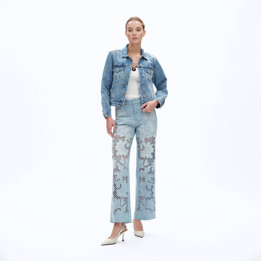High Rise Embroidered Raw Hem Jeans