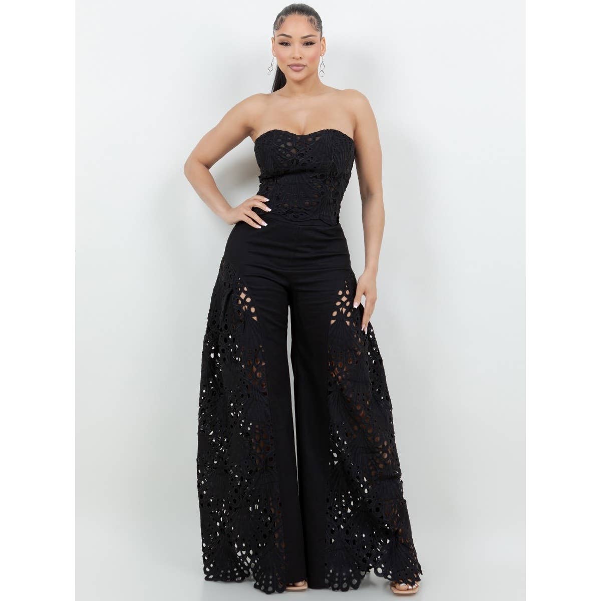 Black Lace Corset and Wide Leg Pants Set