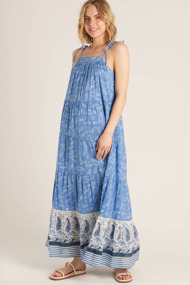 Paisley Print Shoulder Tie Tiered Maxi Dress