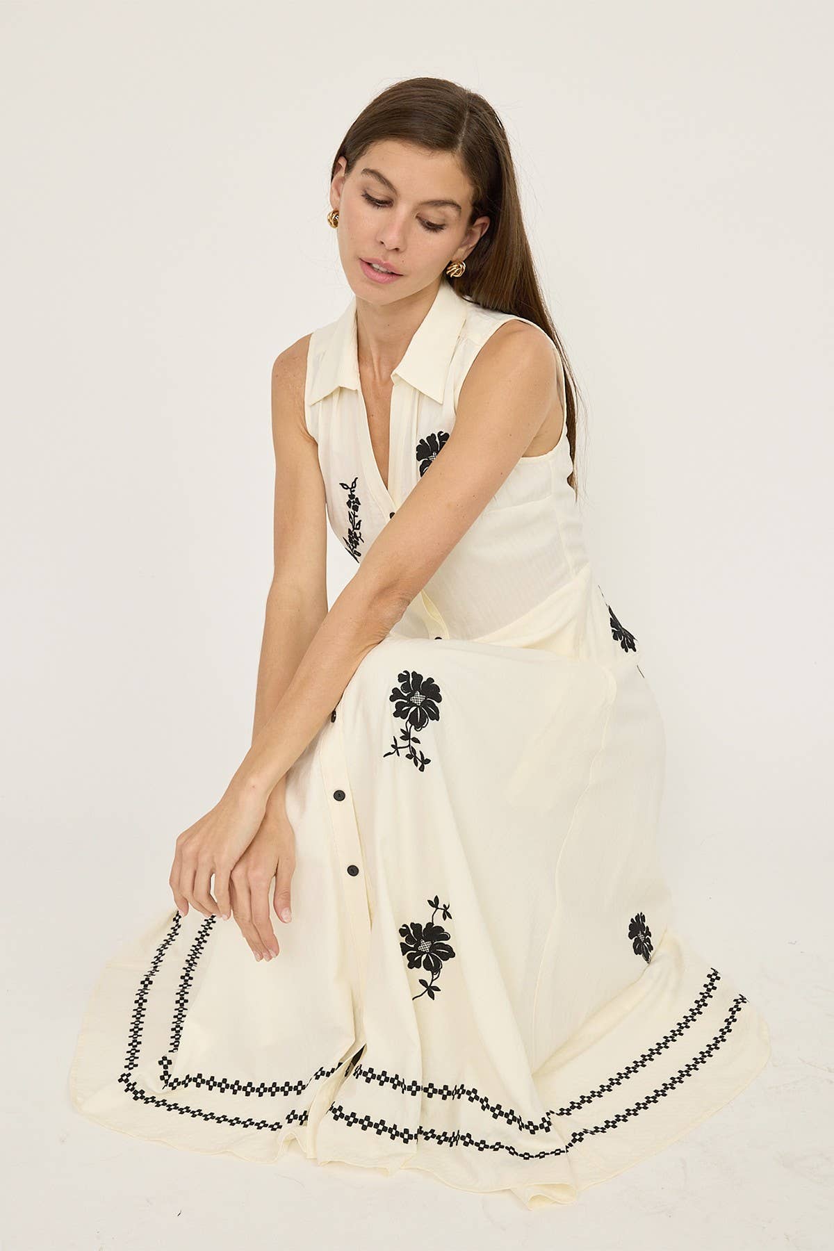 Ivory Sleeveless Embroidered Button Front Maxi Dress