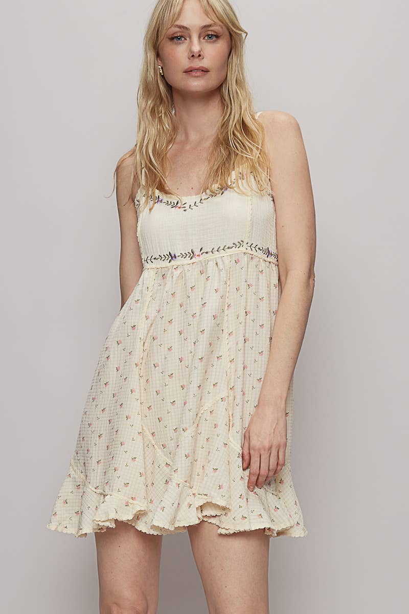 Sleeveless Ivory and Floral Print Contrast Double Gauze Mini Dress