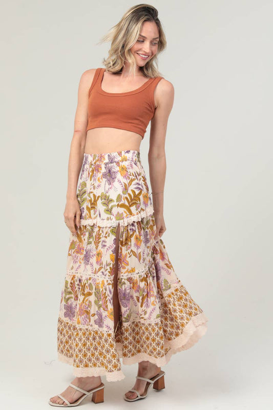 Tiered Side Slit Lace Trim Maxi Skirt