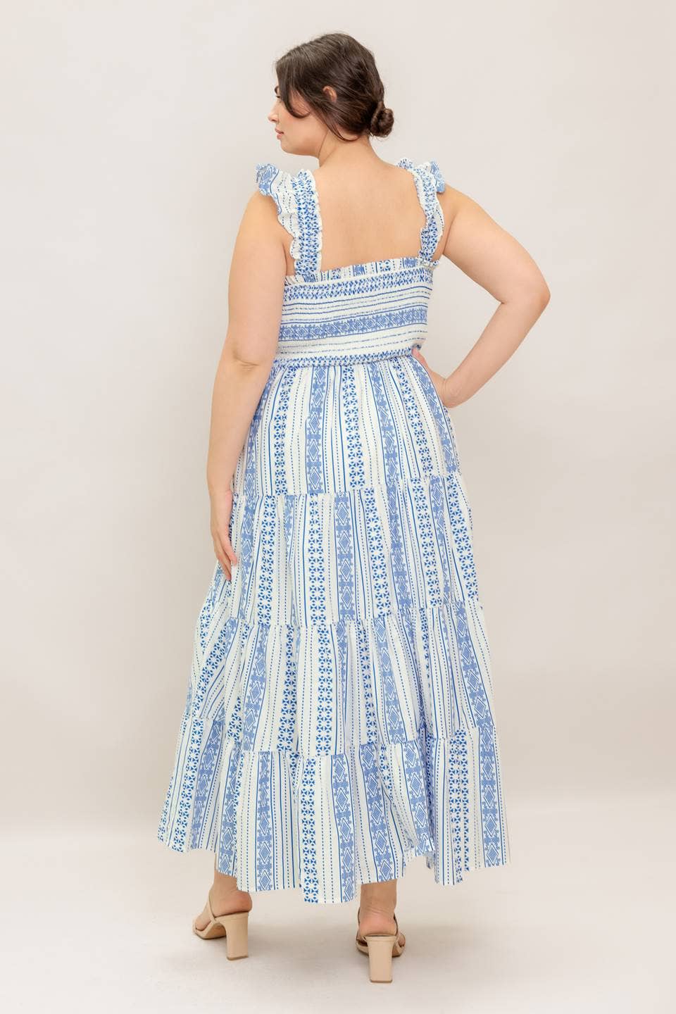 Blue and Ivory Tribal Print Smocked Top Midi Dress