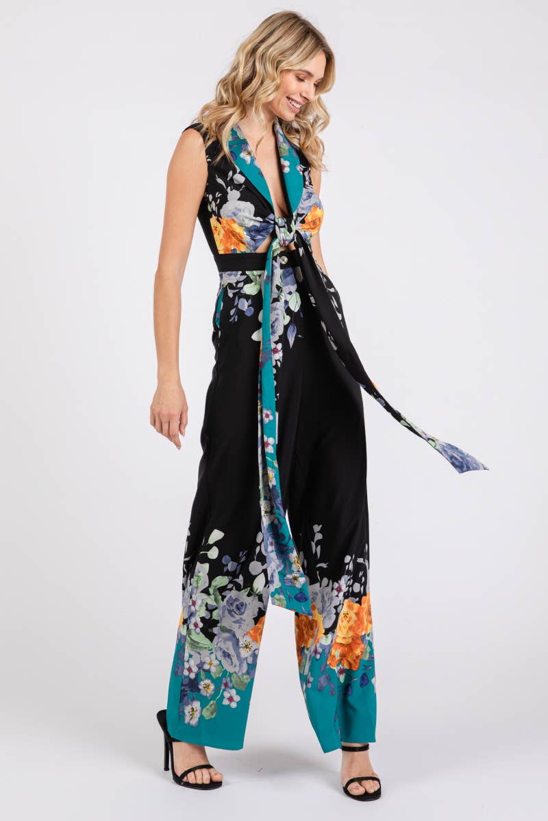 Black and Teal with Floral Print Tie Front Jumpsuit