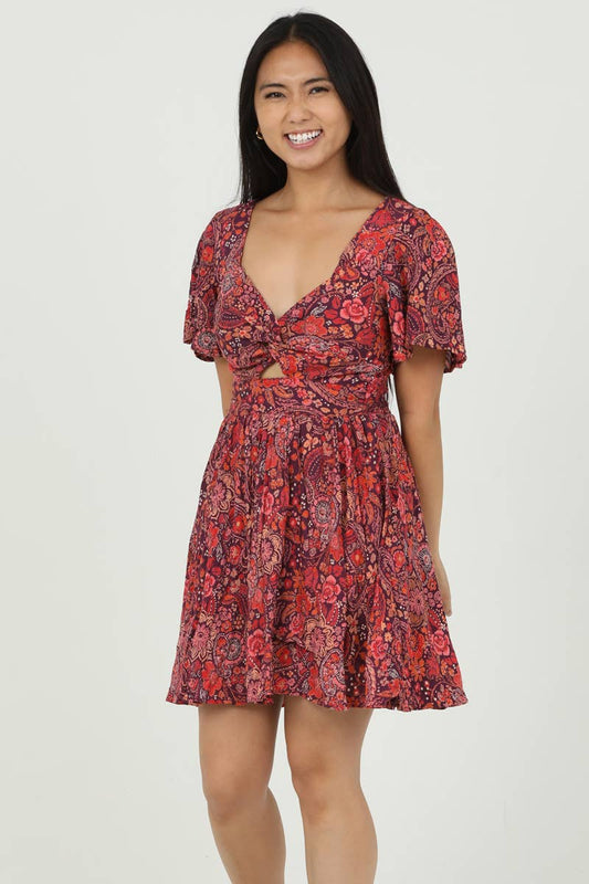 Burgundy Floral Twist Front Cut Out Mini Dress