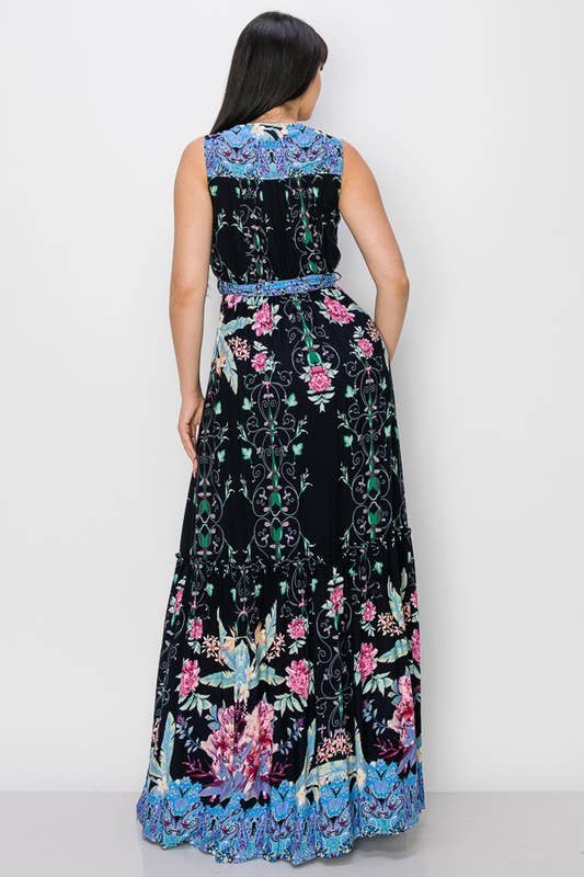Black Floral Print V Neck Tie Waist Maxi Dress