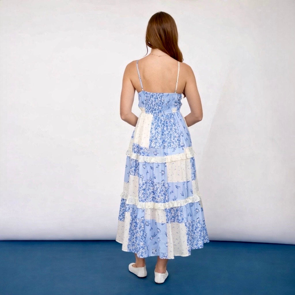 Blue & White Patchwork Floral Midi Dress