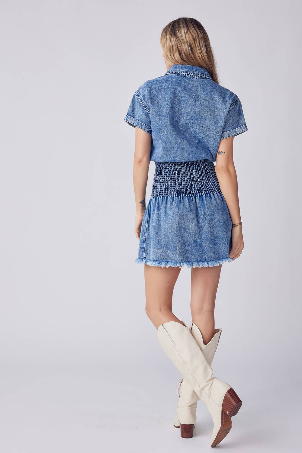 Button Front Smock Wait Denim Mini Dress