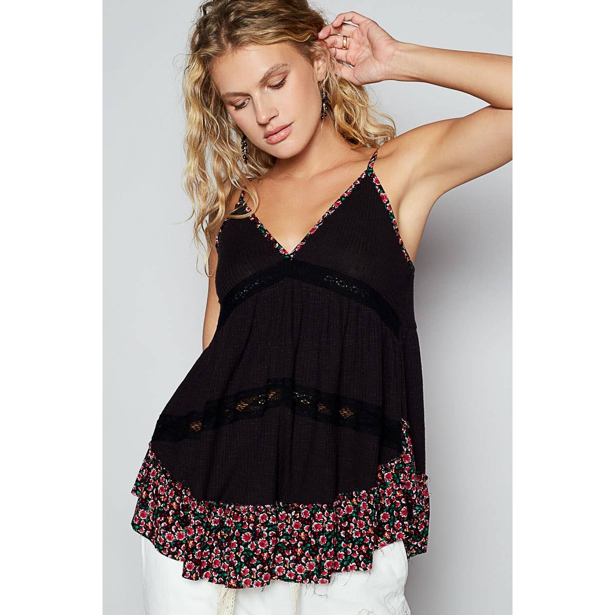 V-neck Sleeveless Black with Floral Print Contrast Tunic Top