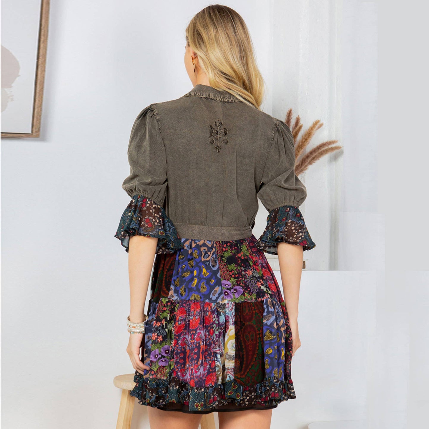 Stone-Washed Baby Doll Dress with Embroidery